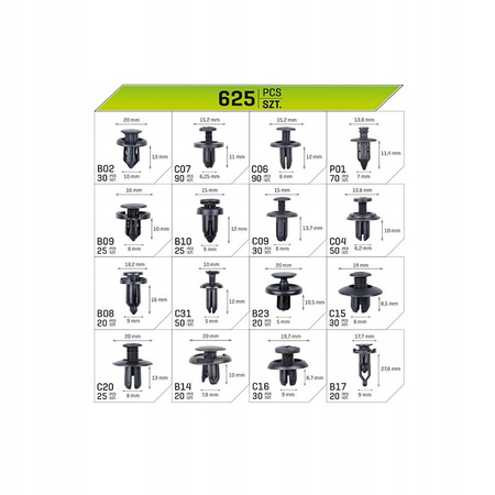 SPINKI ROZPOROWE KLIPSY ZACZEPY KOŁKI SAMOCHODOWE 625SZT. TAPICERKI AUTA