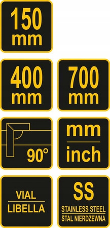KĄTOWNIKI METALOWE ZE STOPKĄ I LIBELLĄ 150/400/700 MM